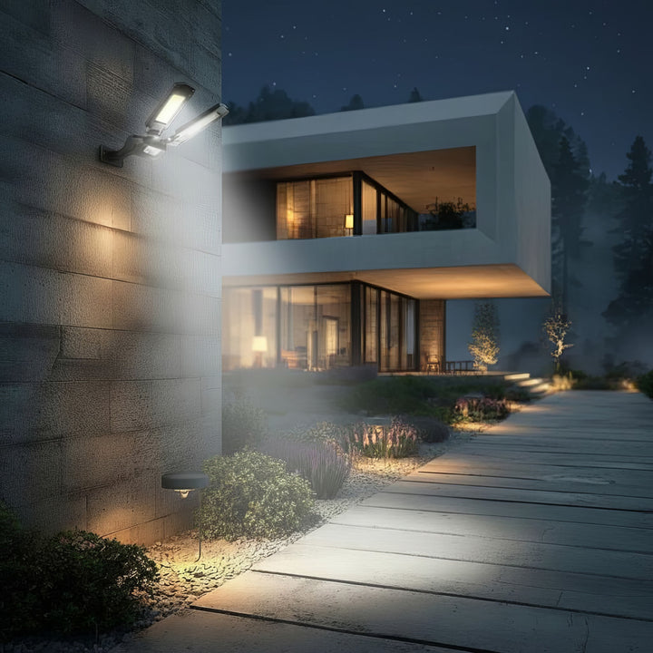 Solární pouliční lampa se senzorem pohybu a soumraku IP54 5W 2x 450 lumenů 6500K dva světelné zdroje dálkové ovládání solární lampy venkovní nástěnné světlo venkovní osvětlení 3 režimy osvětlení