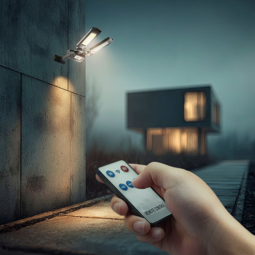 Solární pouliční lampa se senzorem pohybu a soumraku IP54 5W 2x 450 lumenů 6500K dva světelné zdroje dálkové ovládání solární lampy venkovní nástěnné světlo venkovní osvětlení 3 režimy osvětlení