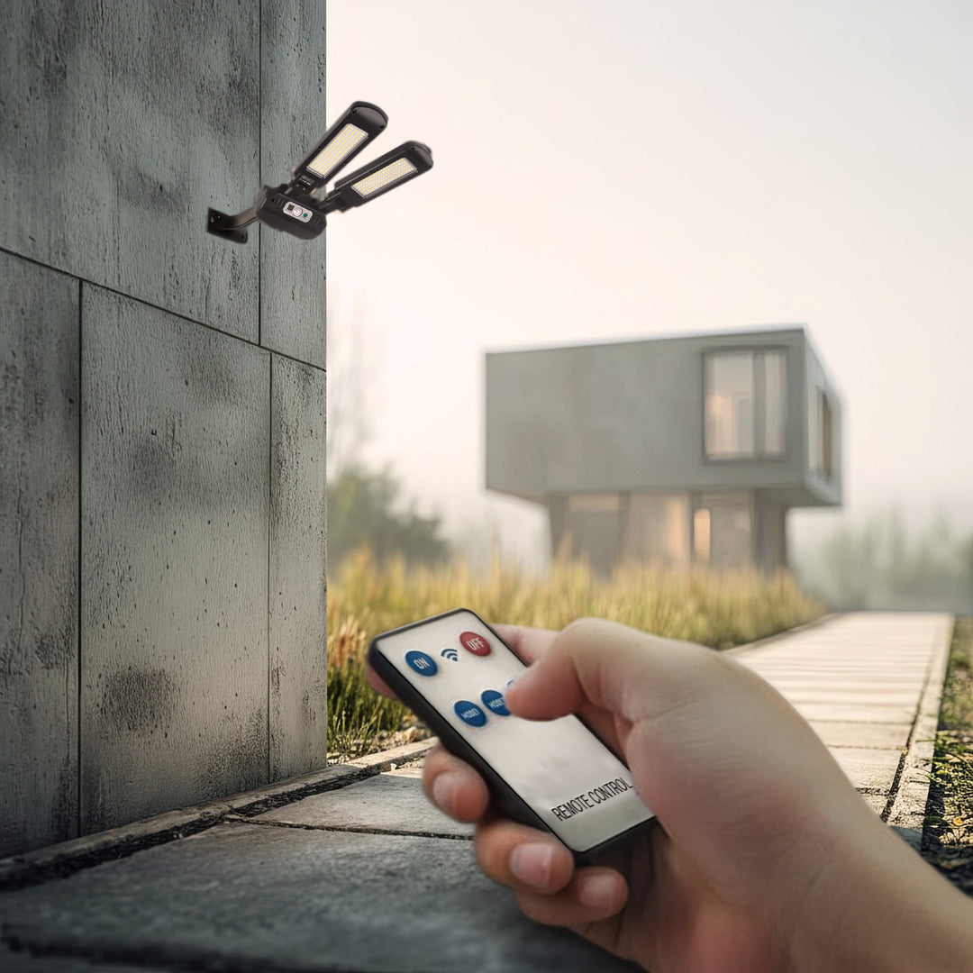 Solární pouliční lampa se senzorem pohybu a soumraku IP54 5W 2x 450 lumenů 6500K dva světelné zdroje dálkové ovládání solární lampy venkovní nástěnné světlo venkovní osvětlení 3 režimy osvětlení