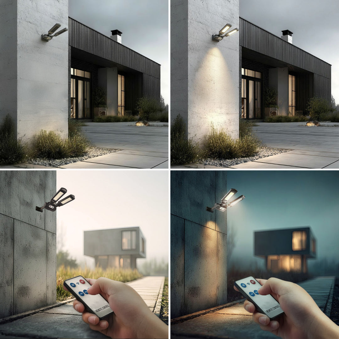 Solární pouliční lampa se senzorem pohybu a soumraku IP54 5W 2x 450 lumenů 6500K dva světelné zdroje dálkové ovládání solární lampy venkovní nástěnné světlo venkovní osvětlení 3 režimy osvětlení