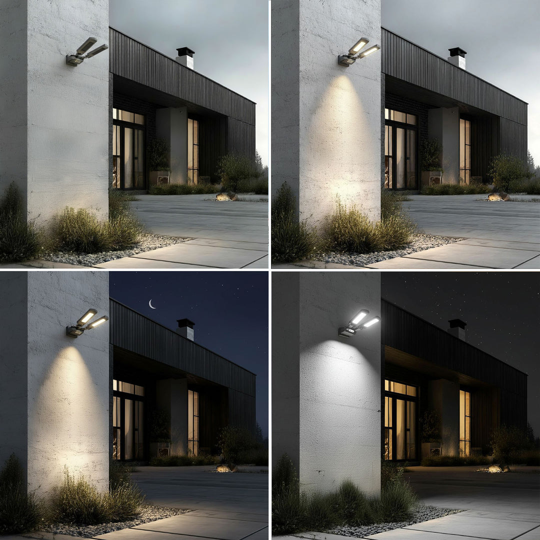 Solární pouliční lampa se senzorem pohybu a soumraku IP54 5W 2x 450 lumenů 6500K dva světelné zdroje dálkové ovládání solární lampy venkovní nástěnné světlo venkovní osvětlení 3 režimy osvětlení