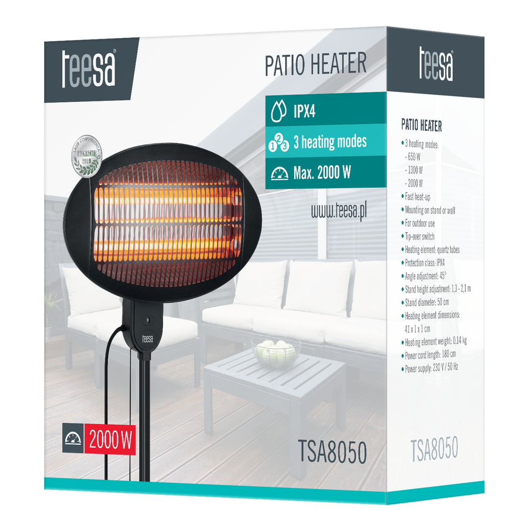 Elektrické terasové topidlo Teesa, odolné proti dešti, tři režimy ohřevu, nastavení výšky a úhlu, TSA8050