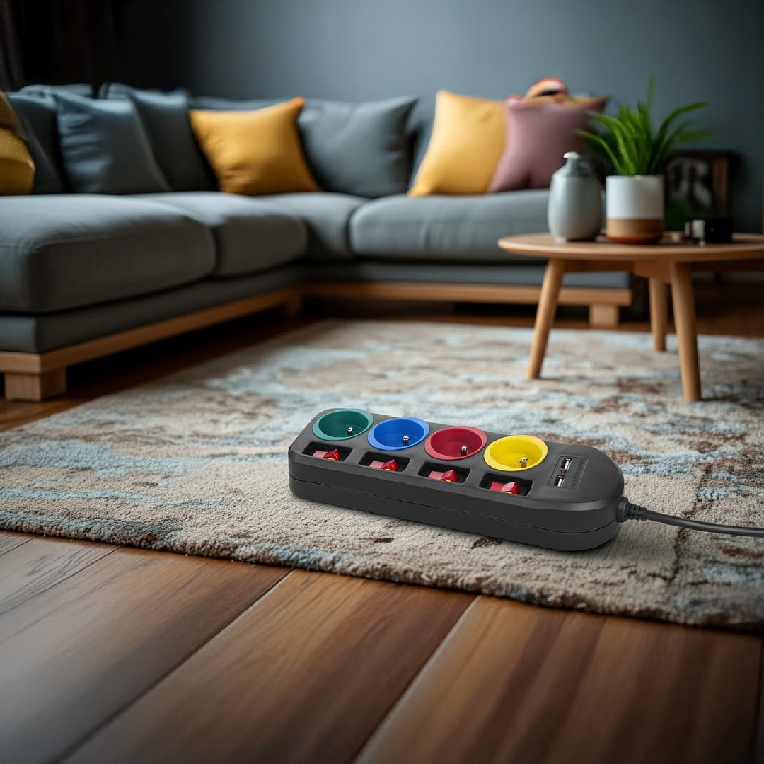 Napájecí lišta Maclean, prodlužovací kabel se 4 zásuvkami + 2xUSB, s přepínači, 250VAC/10A, 2,1A 5V, 1,5 m, černá, MCE229 B