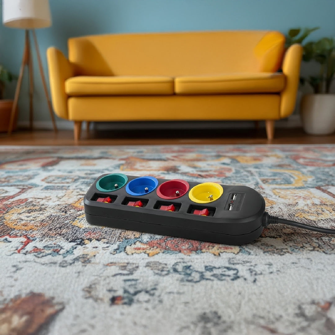 Napájecí lišta Maclean, prodlužovací kabel se 4 zásuvkami + 2xUSB, s přepínači, 250VAC/10A, 2,1A 5V, 1,5 m, černá, MCE229 B