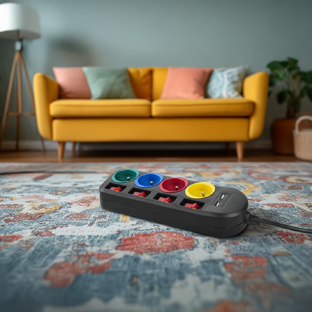 Napájecí lišta Maclean, prodlužovací kabel se 4 zásuvkami + 2xUSB, s přepínači, 250VAC/10A, 2,1A 5V, 1,5 m, černá, MCE229 B