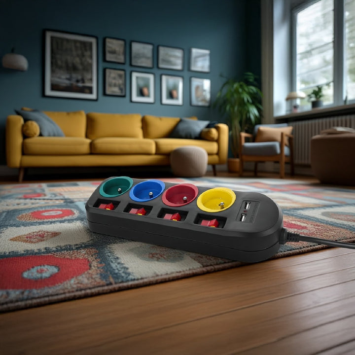 Napájecí lišta Maclean, prodlužovací kabel se 4 zásuvkami + 2xUSB, s přepínači, 250VAC/10A, 2,1A 5V, 1,5 m, černá, MCE229 B