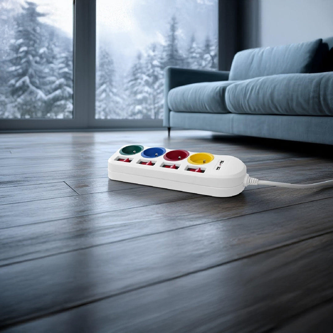 Napájecí lišta Maclean, prodlužovací kabel se 4 zásuvkami + 2xUSB, s přepínači, 250VAC/10A, 2,1A 5V, 1,5 m, bílá, MCE229 W