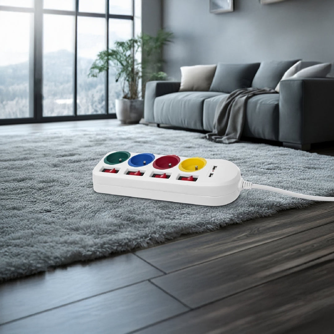 Napájecí lišta Maclean, prodlužovací kabel se 4 zásuvkami + 2xUSB, s přepínači, 250VAC/10A, 2,1A 5V, 1,5 m, bílá, MCE229 W