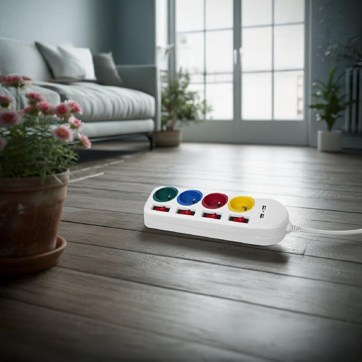 Napájecí lišta Maclean, prodlužovací kabel se 4 zásuvkami + 2xUSB, s přepínači, 250VAC/10A, 2,1A 5V, 1,5 m, bílá, MCE229 W