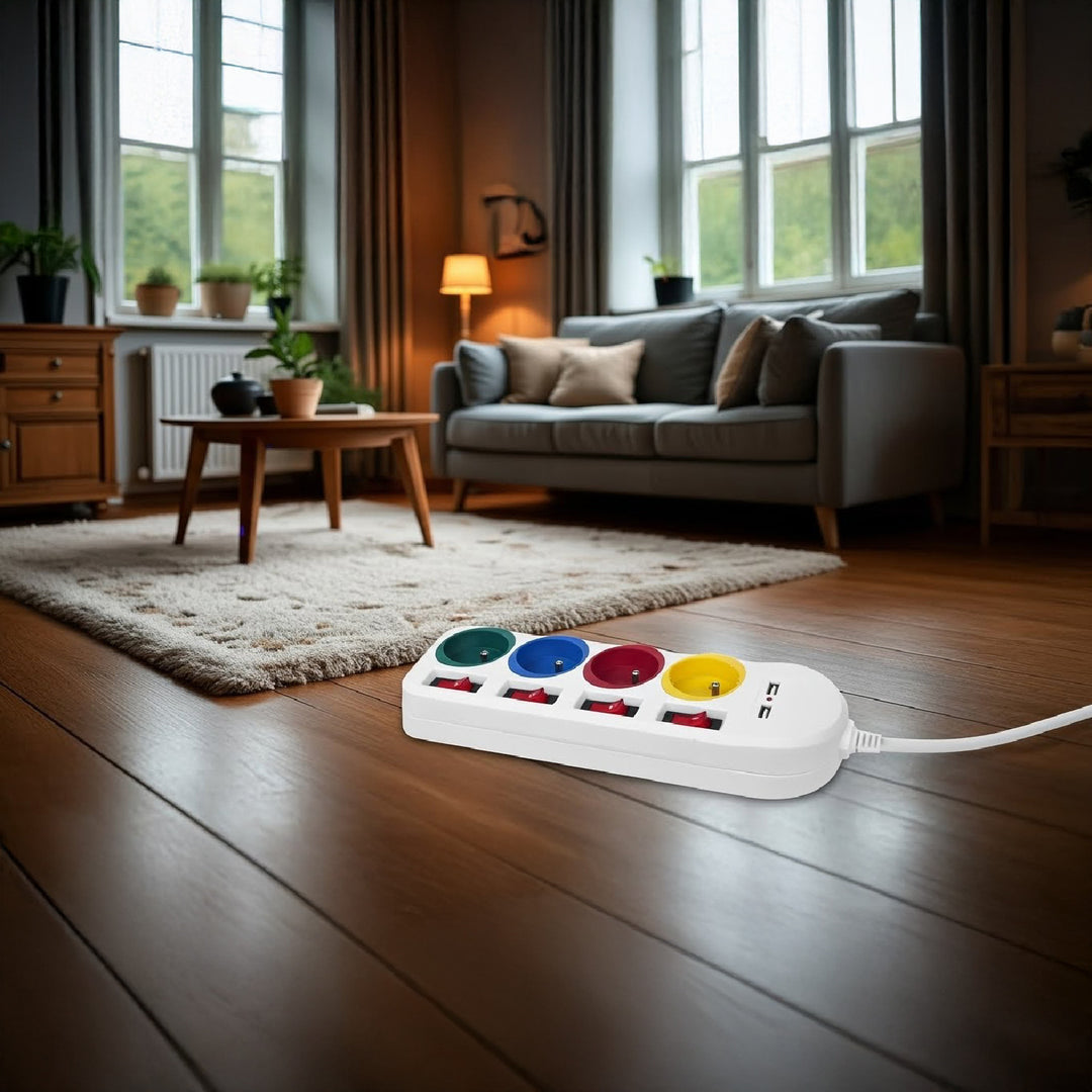 Napájecí lišta Maclean, prodlužovací kabel se 4 zásuvkami + 2xUSB, s přepínači, 250VAC/10A, 2,1A 5V, 1,5 m, bílá, MCE229 W