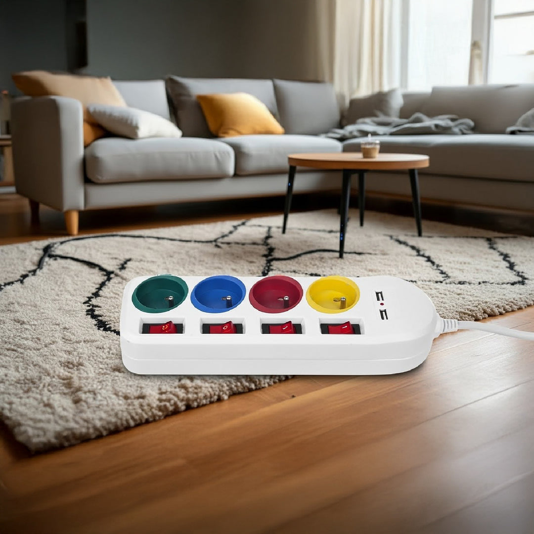 Napájecí lišta Maclean, prodlužovací kabel se 4 zásuvkami + 2xUSB, s přepínači, 250VAC/10A, 2,1A 5V, 1,5 m, bílá, MCE229 W