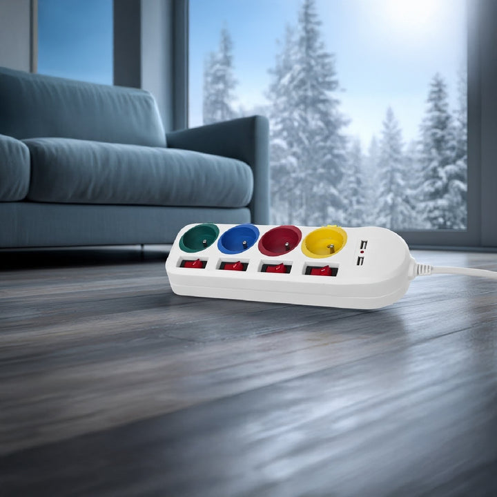 Napájecí lišta Maclean, prodlužovací kabel se 4 zásuvkami + 2xUSB, s přepínači, 250VAC/10A, 2,1A 5V, 1,5 m, bílá, MCE229 W