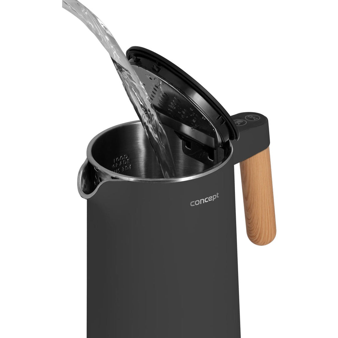 Rychlovarná konvice Rychlovarná konvice s regulací teploty 1,5 l Funkce KEEP WARM Ukazatel hladiny vody 360° Otočná základna 2200 W Antracitová barva