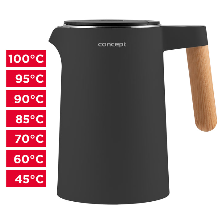 Rychlovarná konvice Rychlovarná konvice s regulací teploty 1,5 l Funkce KEEP WARM Ukazatel hladiny vody 360° Otočná základna 2200 W Antracitová barva