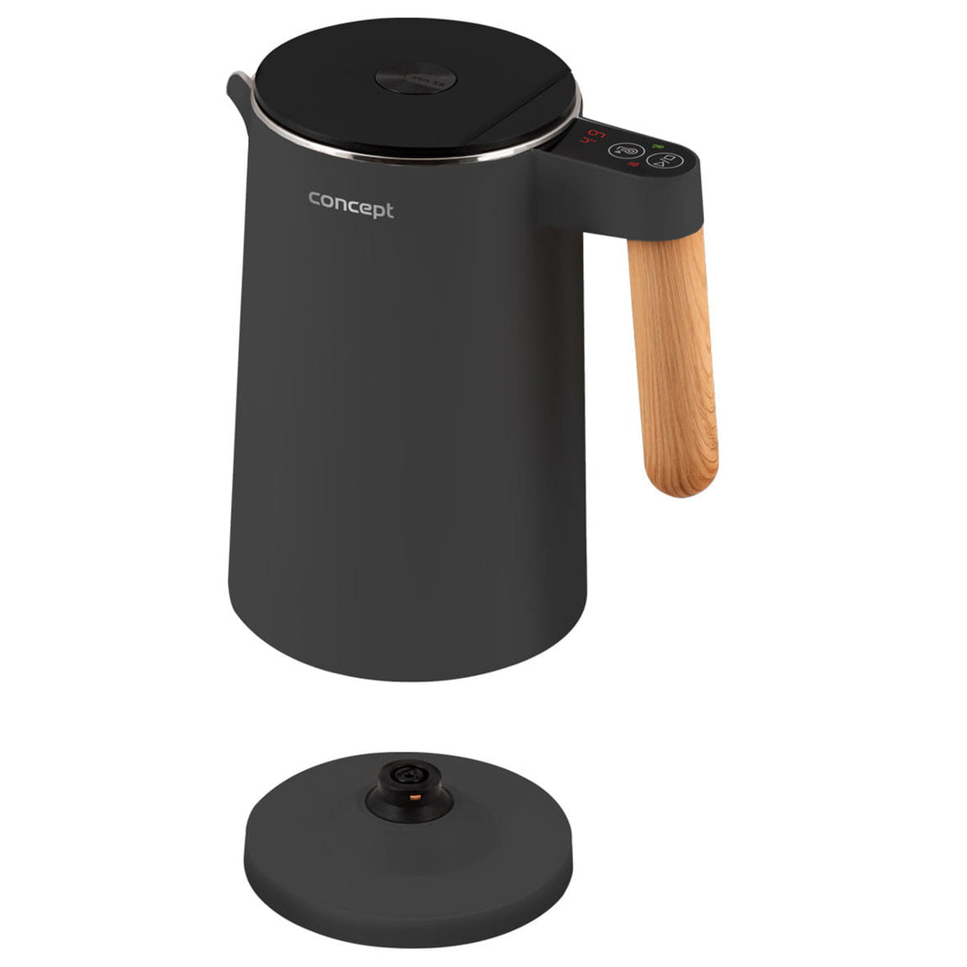 Rychlovarná konvice Rychlovarná konvice s regulací teploty 1,5 l Funkce KEEP WARM Ukazatel hladiny vody 360° Otočná základna 2200 W Antracitová barva