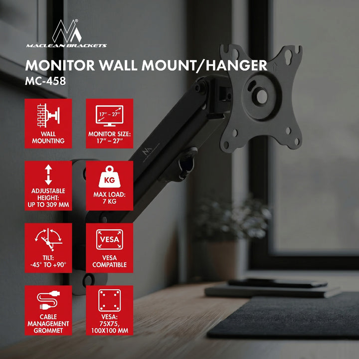 Nástěnný držák monitoru Maclean, 17-27'', max. 7 kg, plynová pružina, MC-458