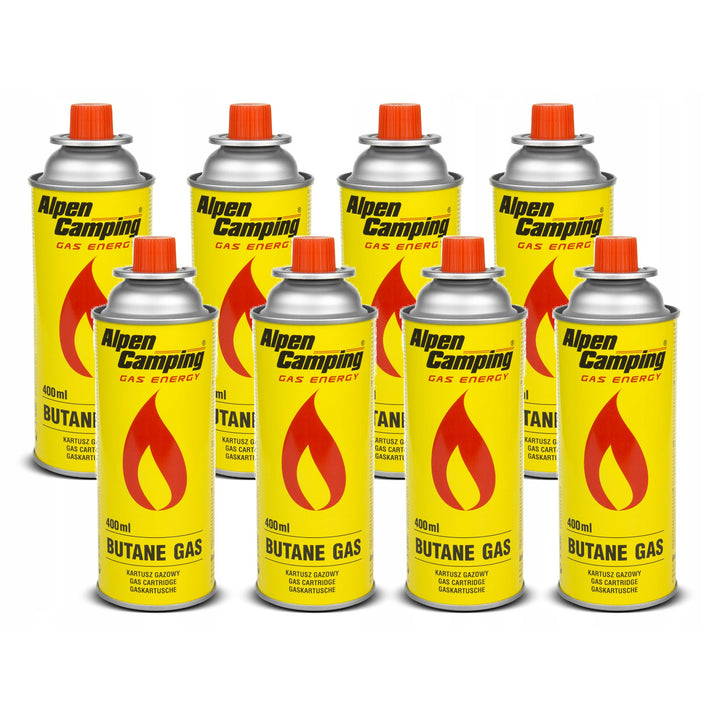 8x Alpen Camping 400ml plynová kartuše. Certifikát: Pracovní rozsah -10°c až + 40°c, IK004.