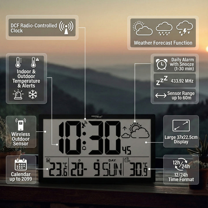 Extra velké nástěnné hodiny LCD GreenBlue, teplota, datum, GB218