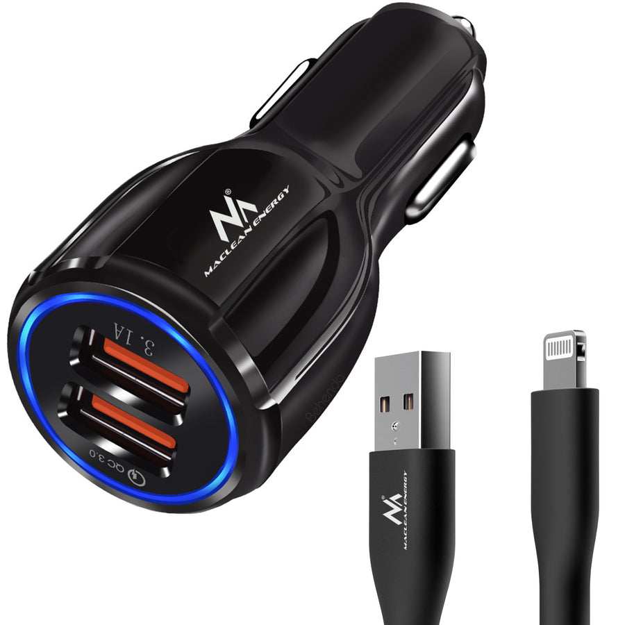 Nabíječka do auta Maclean, Qualcomm Quick Charge, QC 3.0 - 5V/3A, 9V/1,8A, 12V/1,6A, 5V/3,1A zásuvka s kabelem USB Lightning