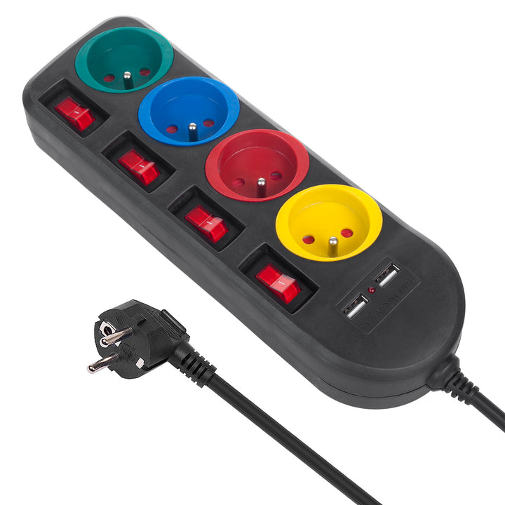 Napájecí lišta Maclean, prodlužovací kabel se 4 zásuvkami + 2xUSB, s přepínači, 250VAC/10A, 2,1A 5V, 1,5 m, bílá, MCE229B + USB kabel MCE471
