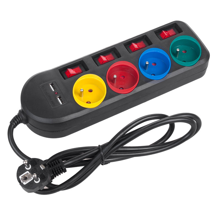 Napájecí lišta Maclean, prodlužovací kabel se 4 zásuvkami + 2xUSB, s přepínači, 250VAC/10A, 2,1A 5V, 1,5 m, bílá, MCE229B + USB kabel MCE471