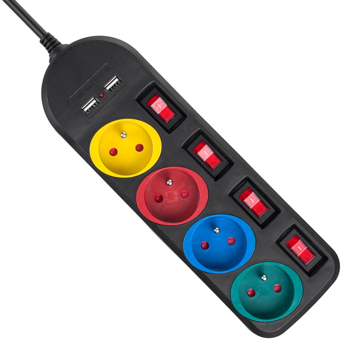 Napájecí lišta Maclean, prodlužovací kabel se 4 zásuvkami + 2xUSB, s přepínači, 250VAC/10A, 2,1A 5V, 1,5 m, bílá, MCE229B + USB kabel MCE471