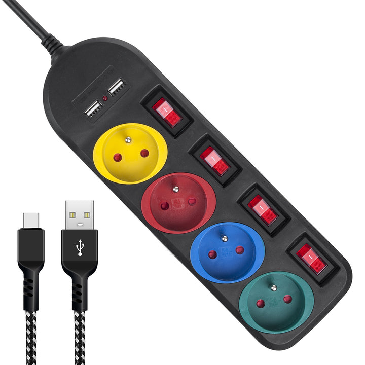 Napájecí lišta Maclean, prodlužovací kabel se 4 zásuvkami + 2xUSB, s přepínači, 250VAC/10A, 2,1A 5V, 1,5 m, bílá, MCE229B + USB kabel MCE471