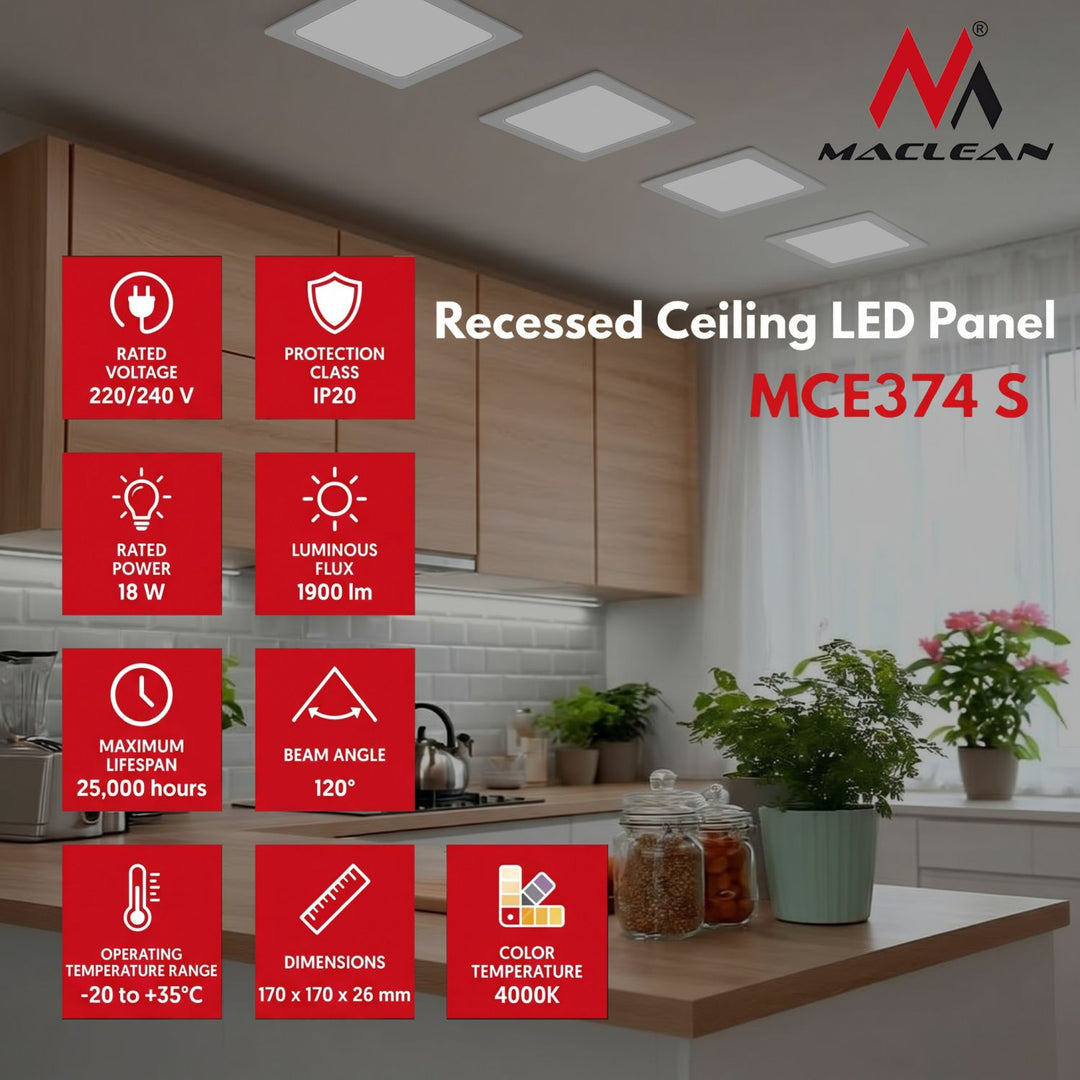Stropní panel Maclean LED, podhledový panel SLIM, 18W, neutrální bílá 4000K, 170*170*26mm, 1900lm, MCE374 S