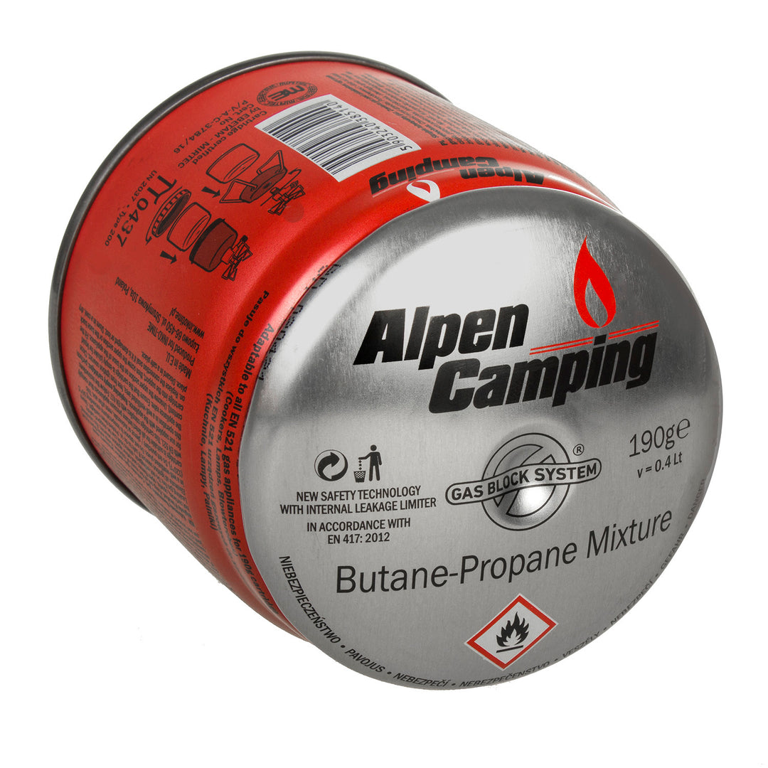 24x Alpen Camping 400ml plynová kartuše. Certifikát: Rozsah -10°c až + 40°c, systém GAS STOP IK006.