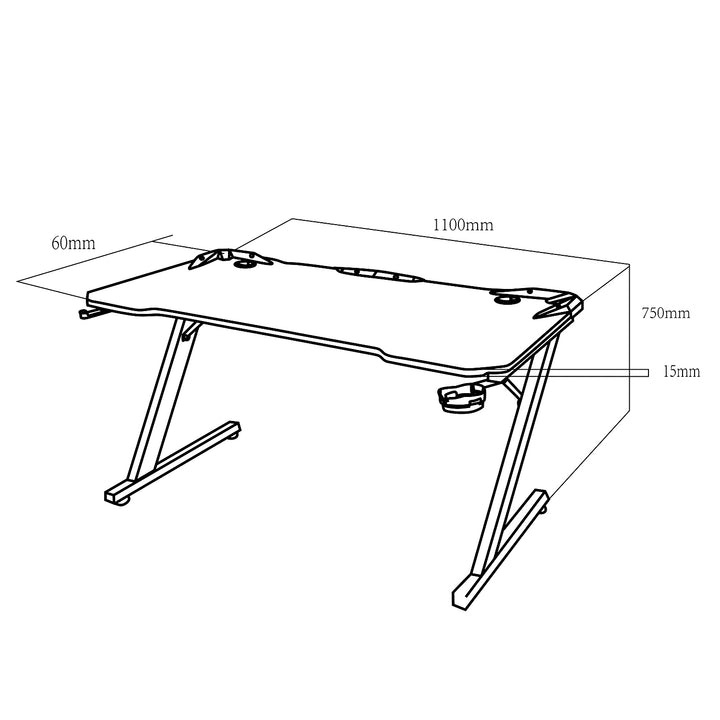Černý herní stůl velký NanoRS, max. 150 kg, výška 750 mm, 110x60x1,5 cm, držák na nápoje a sluchátka, RS345
