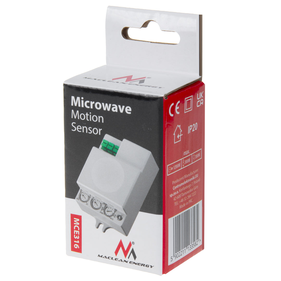 Mikrovlnný detektor pohybu Maclean, dosah 8 m, max. zátěž 1200 W, IP20, 5,8 GHz, MCE316