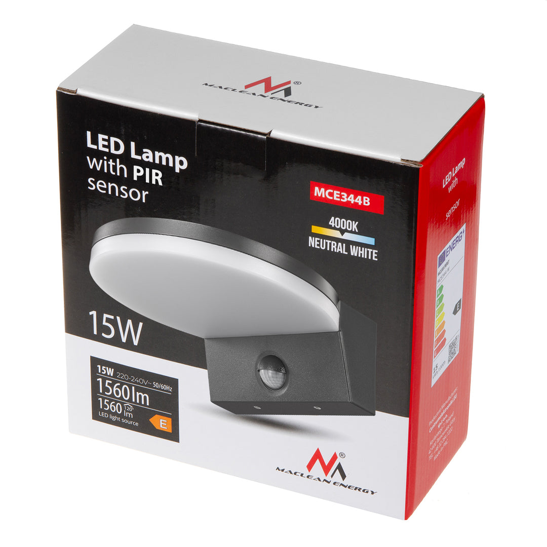 Senzorová LED lampa Maclean, PIR senzor pohybu, černá, 15W, IP65, 1560lm, neutrální bílá (4000K) MCE344 B