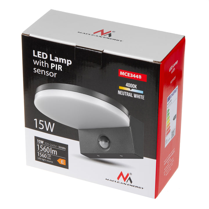 Senzorová LED lampa Maclean, PIR senzor pohybu, černá, 15W, IP65, 1560lm, neutrální bílá (4000K) MCE344 B