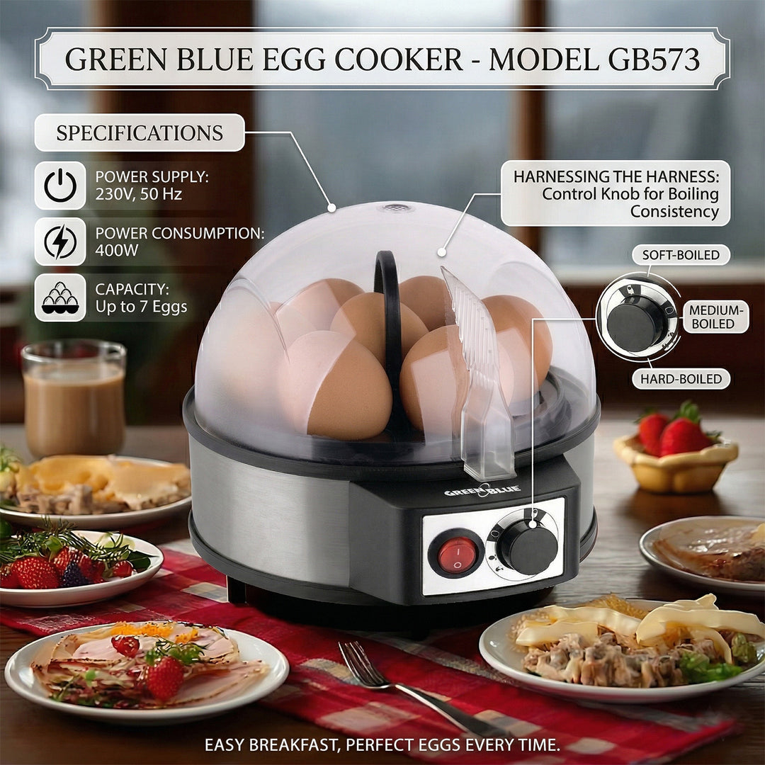 Automatický vařič vajec, příkon 400 W, až 7 vajec, odměrka, 220-240 V~, 50 Hz, GreenBlue GB573