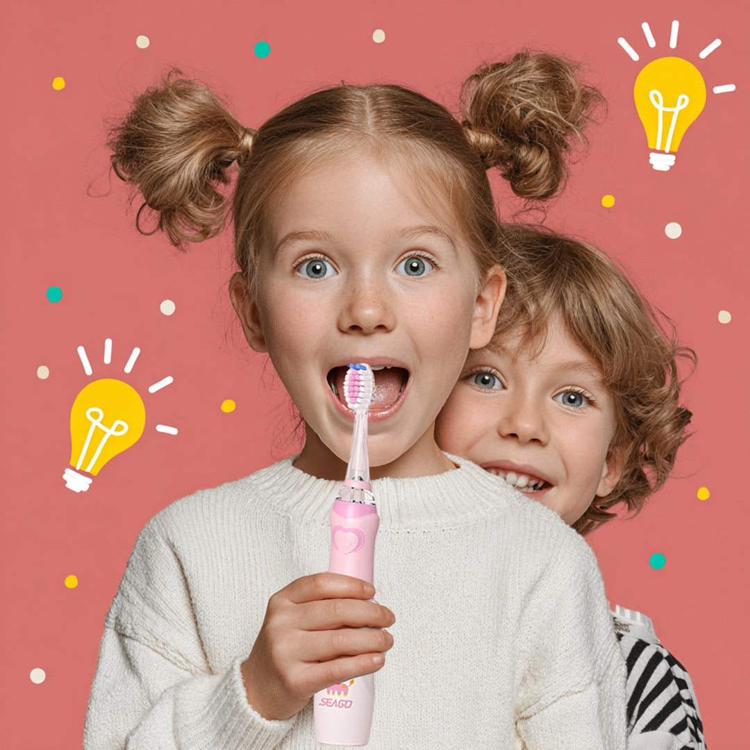 Dětský sonický zubní kartáček SEAGO, růžový, 1xAA 1,5V (není součástí balení), 3 koncovky, SG-977 Pink