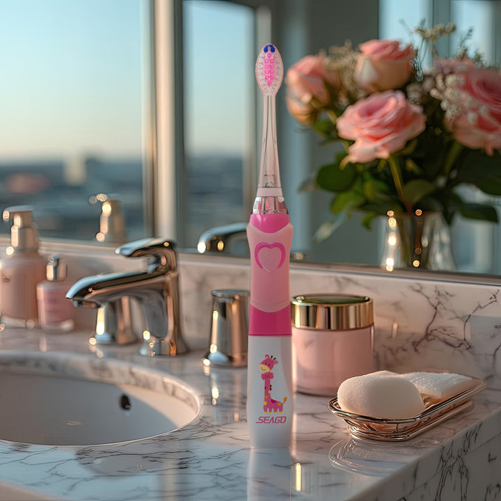 Dětský sonický zubní kartáček SEAGO, růžový, 1xAA 1,5V (není součástí balení), 3 koncovky, SG-977 Pink