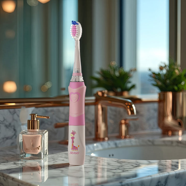 Dětský sonický zubní kartáček SEAGO, růžový, 1xAA 1,5V (není součástí balení), 3 koncovky, SG-977 Pink