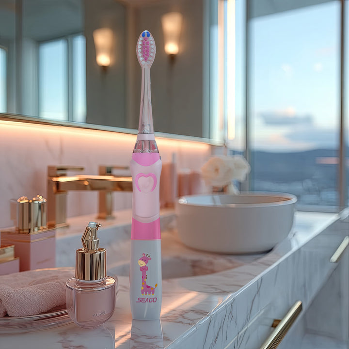 Dětský sonický zubní kartáček SEAGO, růžový, 1xAA 1,5V (není součástí balení), 3 koncovky, SG-977 Pink