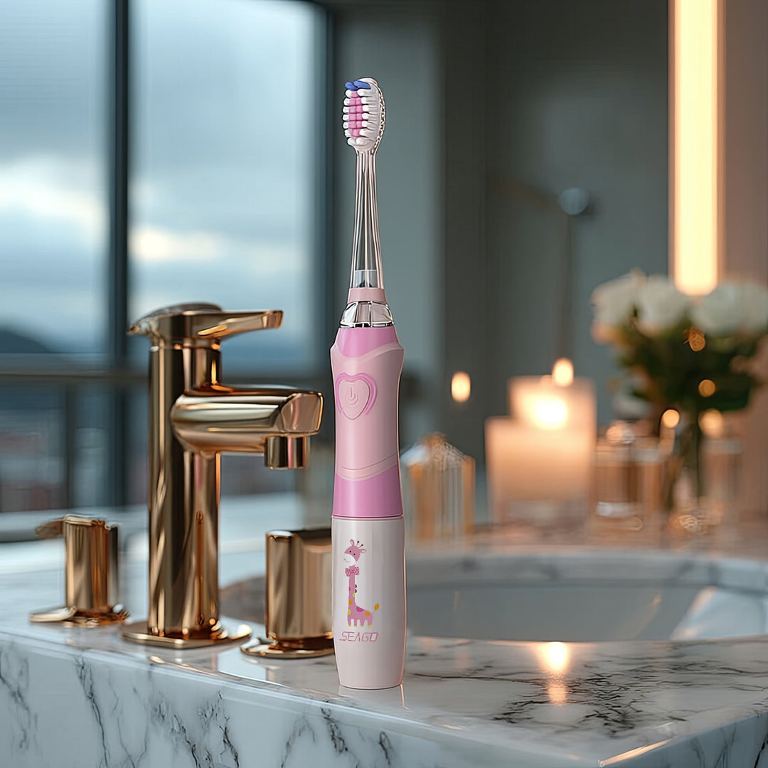Dětský sonický zubní kartáček SEAGO, růžový, 1xAA 1,5V (není součástí balení), 3 koncovky, SG-977 Pink