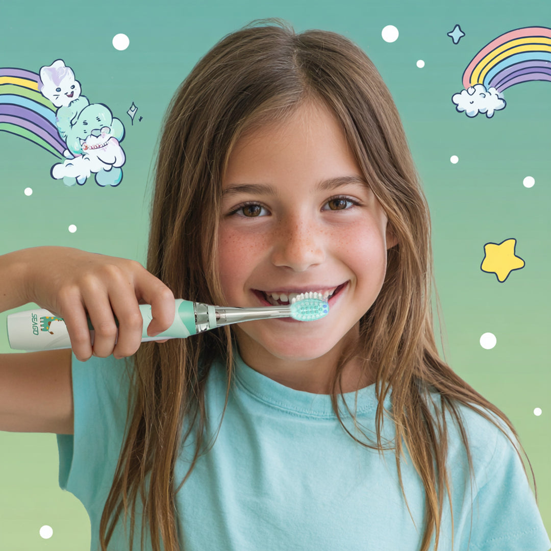 Dětský sonický zubní kartáček SEAGO, barva zelená, 1xAA 1,5V (není součástí balení), 3 koncovky, SG-977 Green