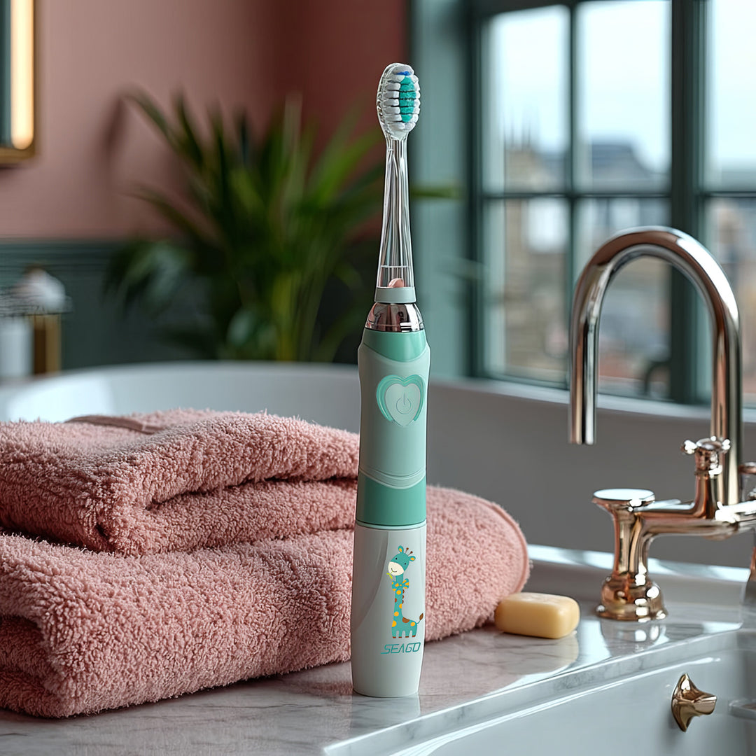 Dětský sonický zubní kartáček SEAGO, barva zelená, 1xAA 1,5V (není součástí balení), 3 koncovky, SG-977 Green