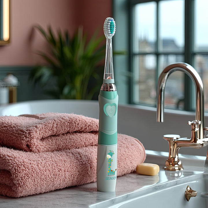 Dětský sonický zubní kartáček SEAGO, barva zelená, 1xAA 1,5V (není součástí balení), 3 koncovky, SG-977 Green