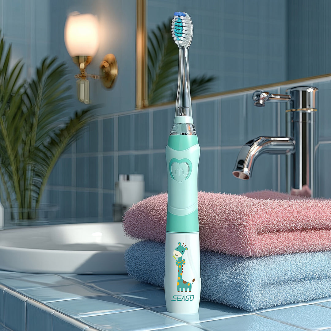 Dětský sonický zubní kartáček SEAGO, barva zelená, 1xAA 1,5V (není součástí balení), 3 koncovky, SG-977 Green