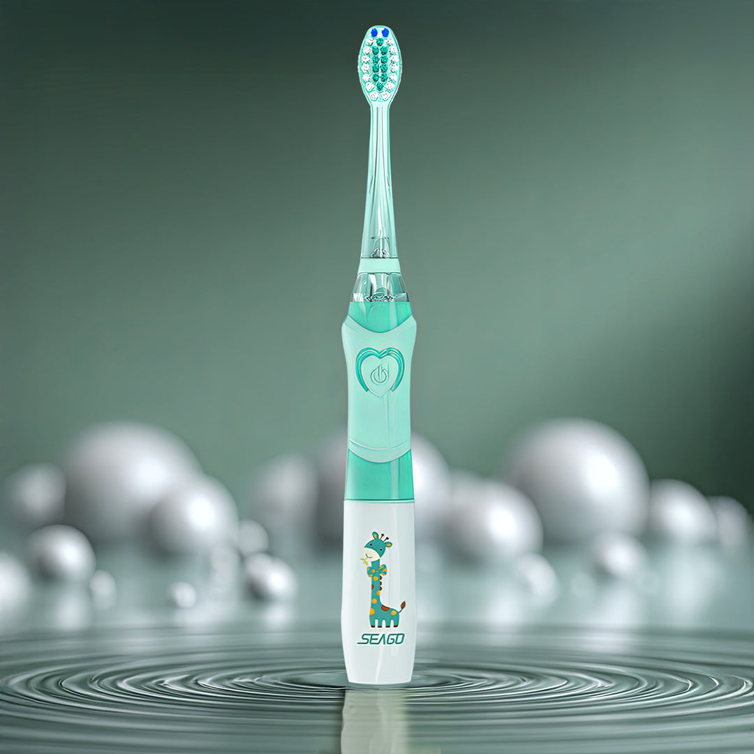 Dětský sonický zubní kartáček SEAGO, barva zelená, 1xAA 1,5V (není součástí balení), 3 koncovky, SG-977 Green