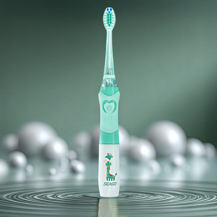 Dětský sonický zubní kartáček SEAGO, barva zelená, 1xAA 1,5V (není součástí balení), 3 koncovky, SG-977 Green