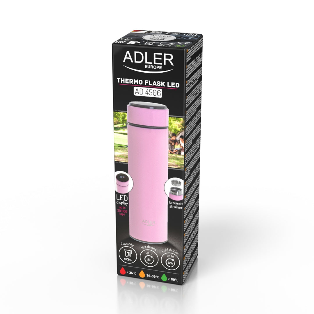 Termoska Adler, dotykový LED displej, objem 473 ml, růžová barva, AD 4506