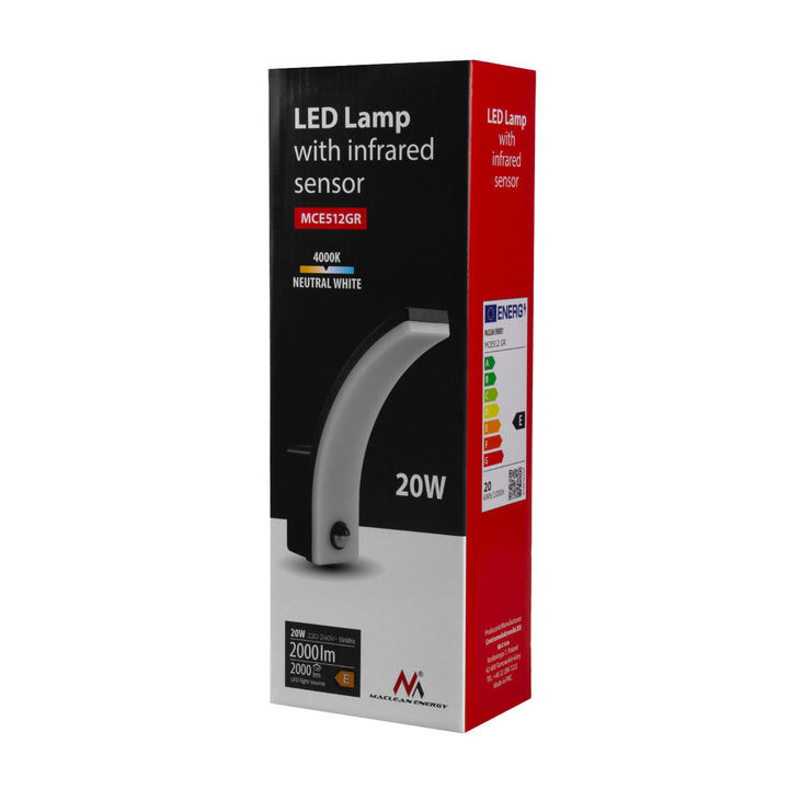 Maclean šedá 20W 2000lm IP65 4000K LED lampa se senzorem pohybu