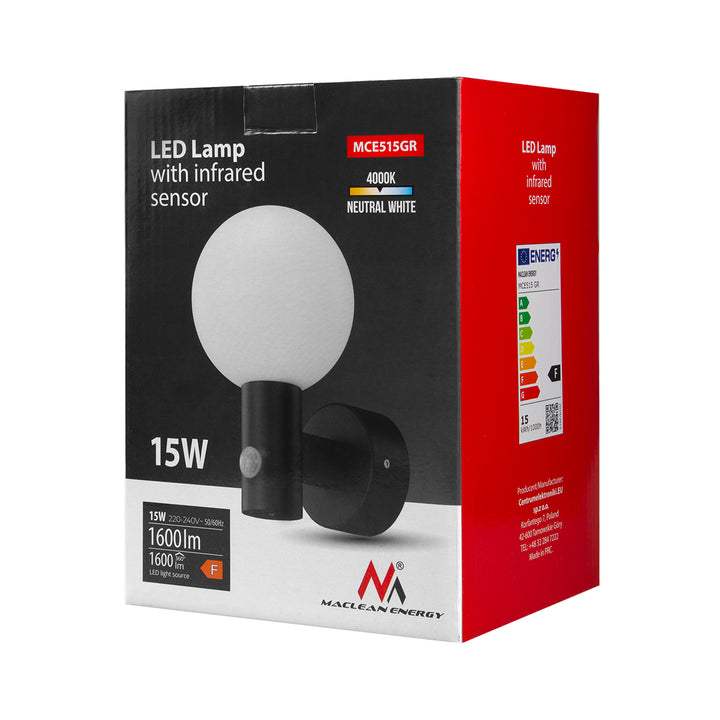 Maclean PIR detektor pohybu LED lampa šedá 15W IP65 1600lm 4000K