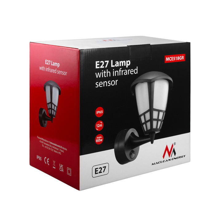 Nástěnné svítidlo se senzorem Maclean MCE518 GR 1xE27 šedé IP65 max. 60W