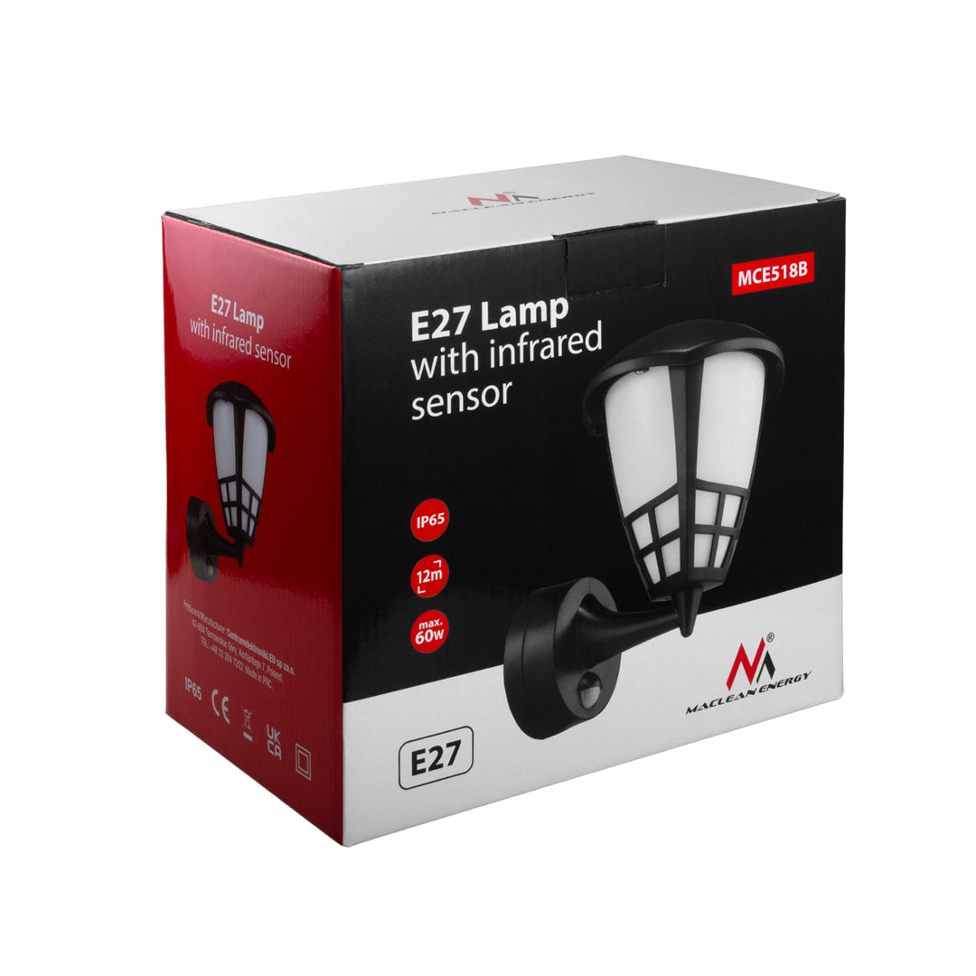 Nástěnné svítidlo se senzorem Maclean MCE518 B 1xE27 černé IP65 max. 60W